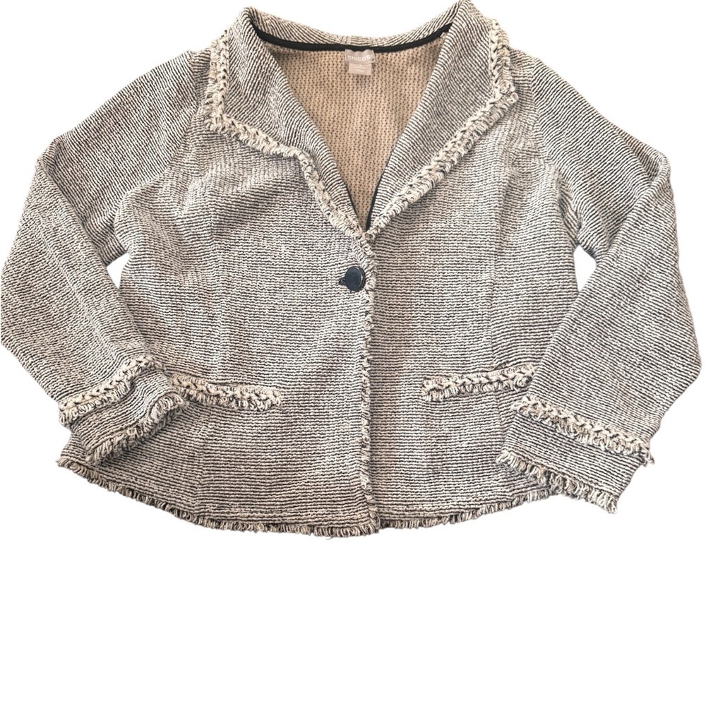 Chico's Chic Black and White Textured Blazer frayed neutral casual - Picture 3 of 8